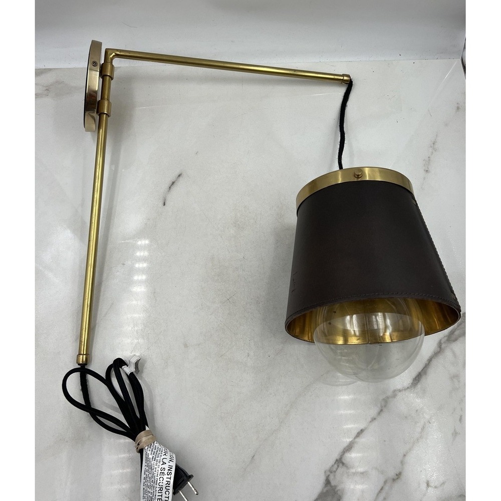 Modern Brass Swing Arm Wall Sconce Leather Shade Plug In Lamp with Globe Bulb